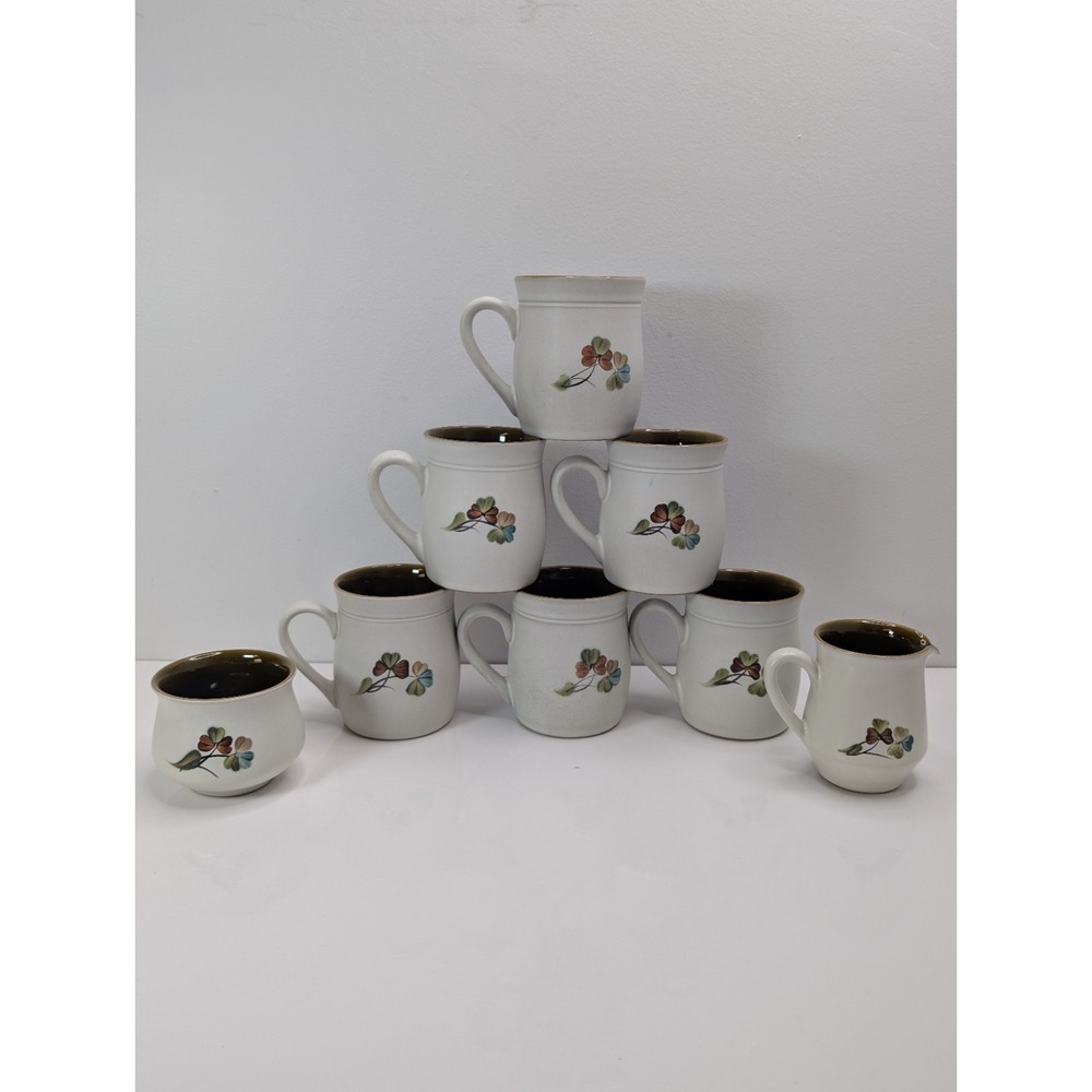 Denby Shamrock 8pc Set 6 Tankard Mugs, Open Sugar, and‎ Creamer Made in England